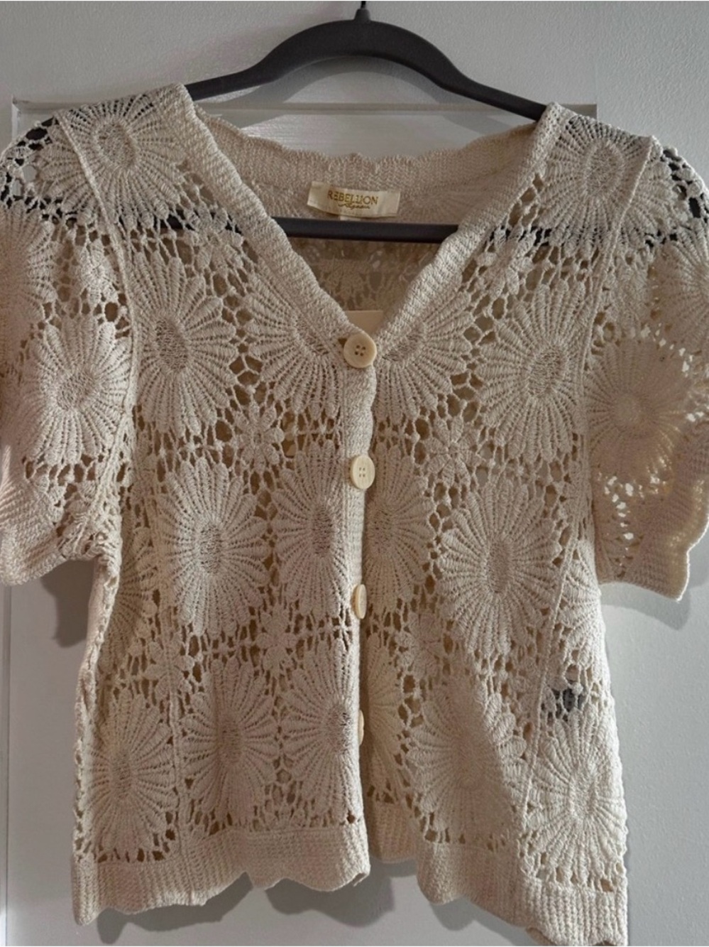Rebellion Cream Crochet Button-Front Cardigan - Picture 3 of 3